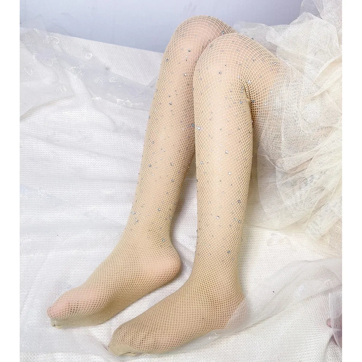 Kids Rhinestone Glitter Fishnet Tights Baby Girl Stockings Socks Accessories in nude with sparkling rhinestones