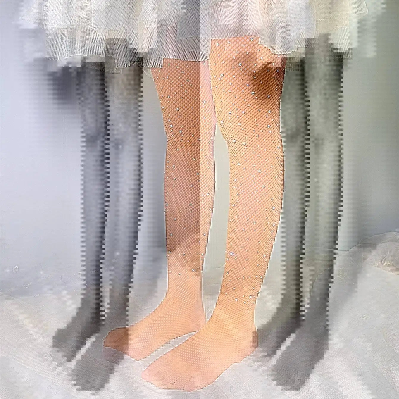 Kids Rhinestone Glitter Fishnet Tights Baby Girl Stockings Socks Accessories worn with a white tulle skirt