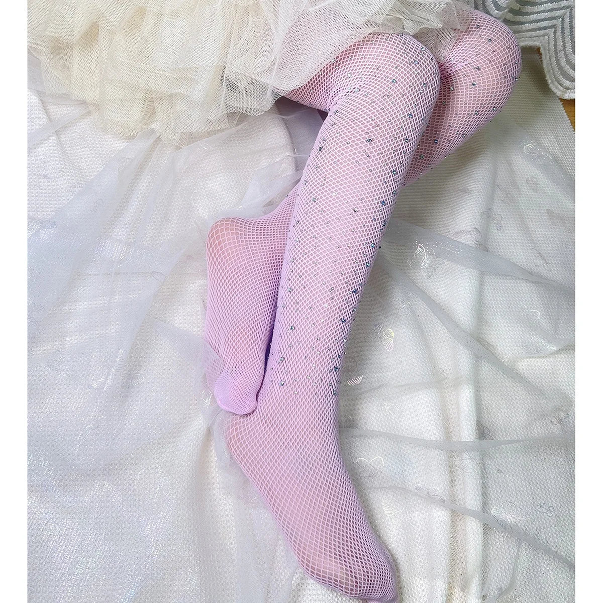 Kids Rhinestone Glitter Fishnet Tights Baby Girl Stockings Socks Accessories in light pink with sparkling rhinestones 