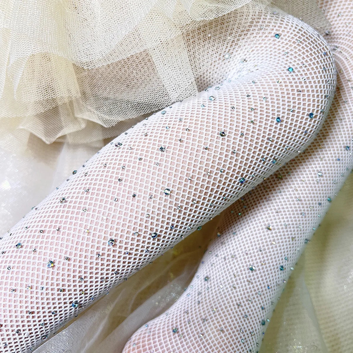 Kids Rhinestone Glitter Fishnet Tights Baby Girl Stockings Socks Accessories in white with sparkling rhinestones