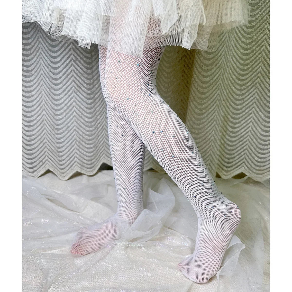 Kids Rhinestone Glitter Fishnet Tights Baby Girl Stockings Socks Accessories worn with a white tulle dress