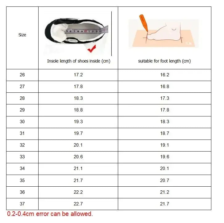 Size chart for Kids Solid Color Retro Flat Shoes Candy Color Girls and Boys Moccasins showing insole and foot length in centimeters