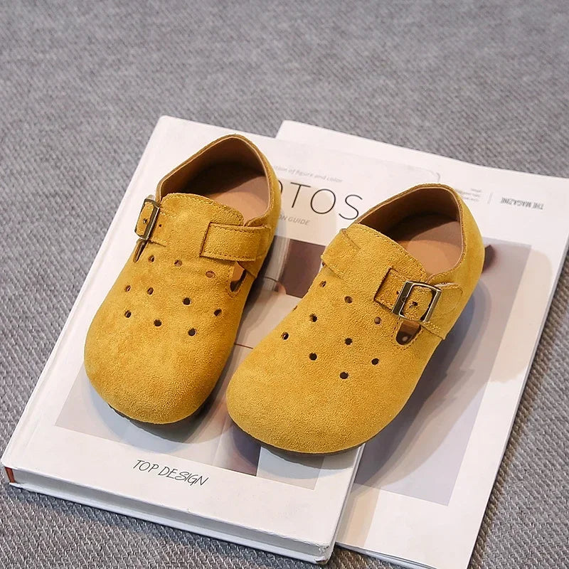Kids Solid Color Retro Flat Shoes Candy Color Girls and Boys Moccasins in yellow with buckle straps by Yamza Tots Closet