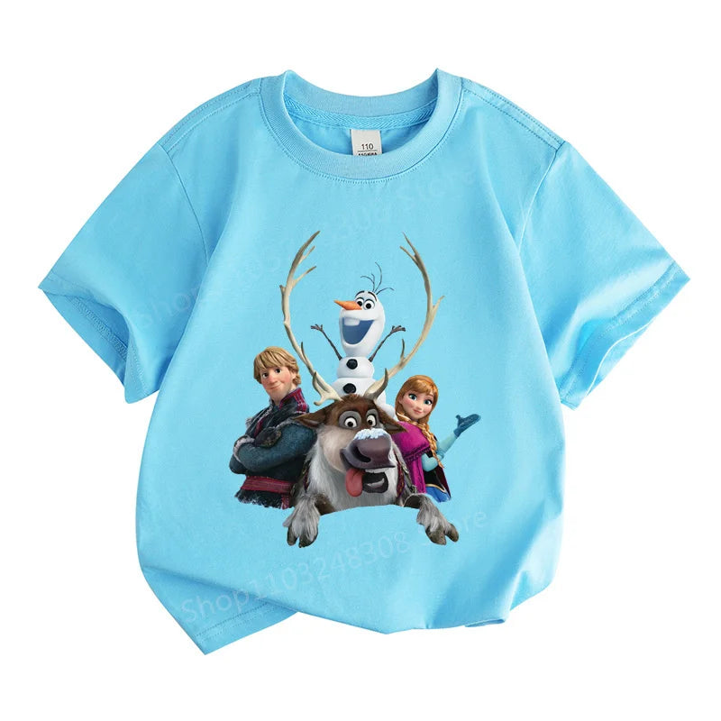 Kids Summer Clothes Anime Cartoon Print Boys Creative Casual Lightweight T-Shir with Frozen characters on blue fabric
