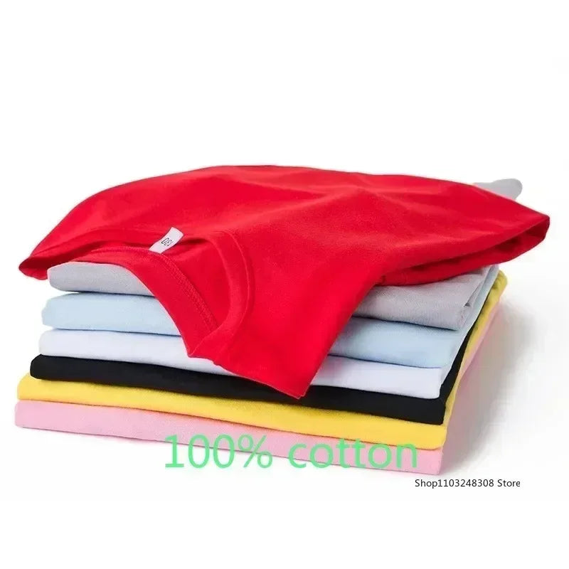 Kids Summer Clothes Anime Cartoon Print Boys Creative Casual Lightweight T-Shir folded in multiple colors including red, gray, blue, black, yellow, and pink