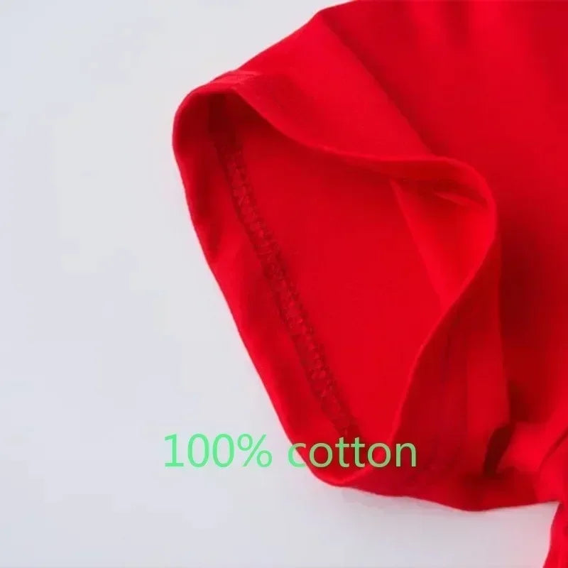 Close-up of red Kids Summer Clothes Anime Cartoon Print Boys Creative Casual Lightweight T-Shir sleeve made of 100% cotton