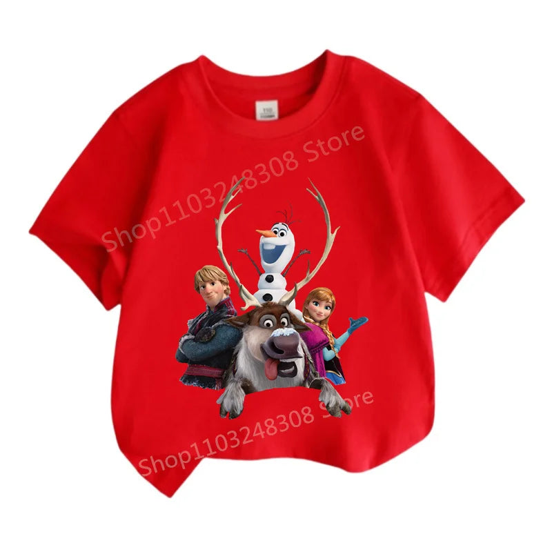 Kids Summer Clothes Anime Cartoon Print Boys Creative Casual Lightweight T-Shir with red Frozen characters design