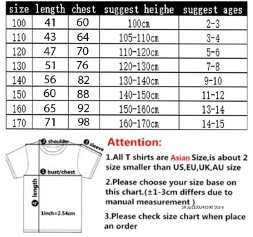 Size chart for kids summer clothes anime cartoon print boys creative casual lightweight T-shir by Yamza Tots' Closet with measurements and age suggestions