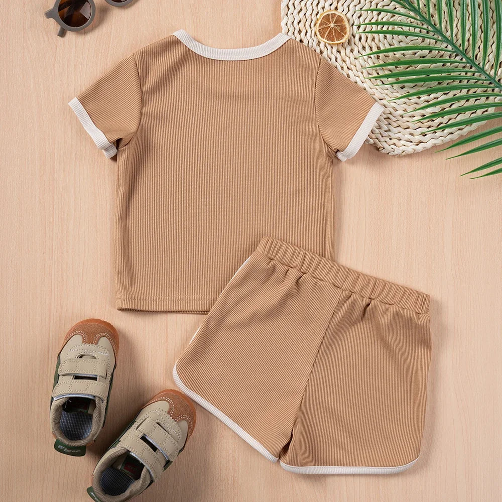 Kids Summer Fashion 2pcs Casual Printed Unisex T-Shirt and Shorts Set in beige with white trim paired with toddler shoes