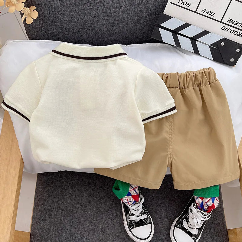 Kids Summer Short-sleeve Polo Shirt Bear & Striped Shorts Baby Boy Set with cream polo and tan shorts 