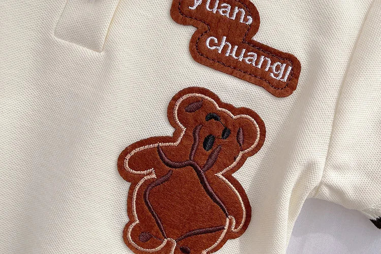 Kids Summer Short-sleeve Polo Shirt Bear & Striped Shorts Baby Boy Set with brown bear patch on white fabric