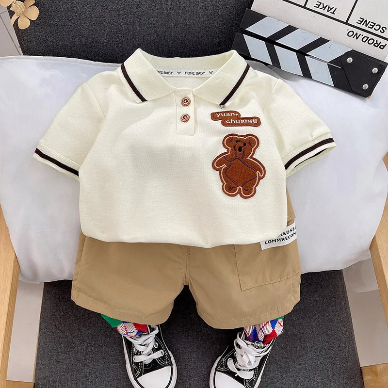 Kids Summer Short-sleeve Polo Shirt Bear & Striped Shorts Baby Boy Set by Yamza Tots' Closet with cute bear design