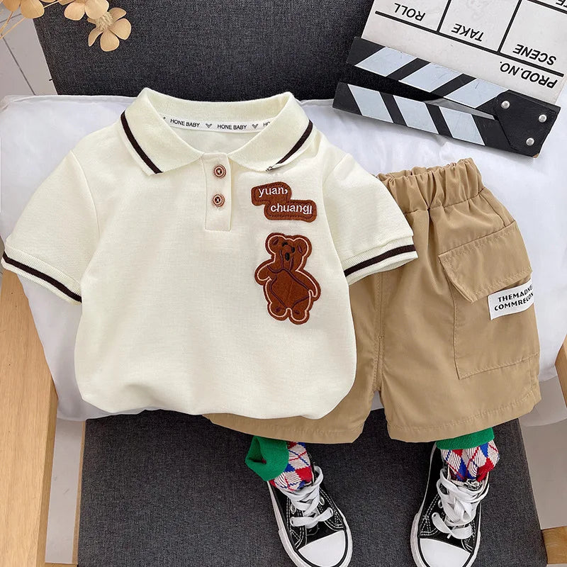 Kids Summer Short-sleeve Polo Shirt Bear & Striped Shorts Baby Boy Set with white polo and tan shorts