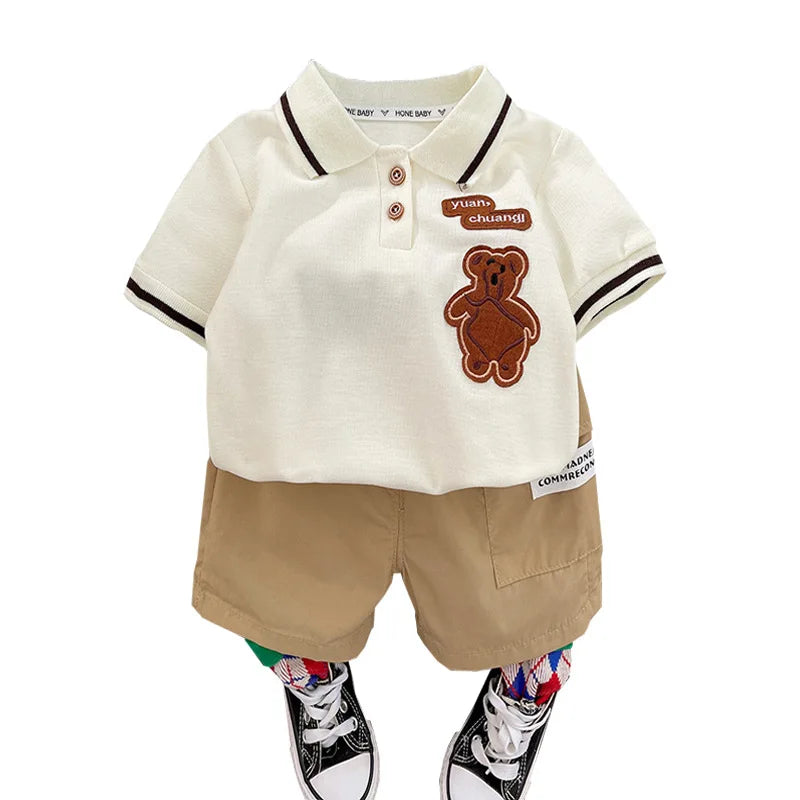 Kids Summer Short-sleeve Polo Shirt Bear & Striped Shorts Baby Boy Set with cream polo and tan shorts