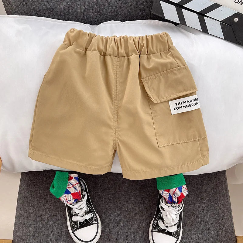 Kids Summer Short-sleeve Polo Shirt Bear & Striped Shorts Baby Boy Set beige shorts with pocket and elastic waist