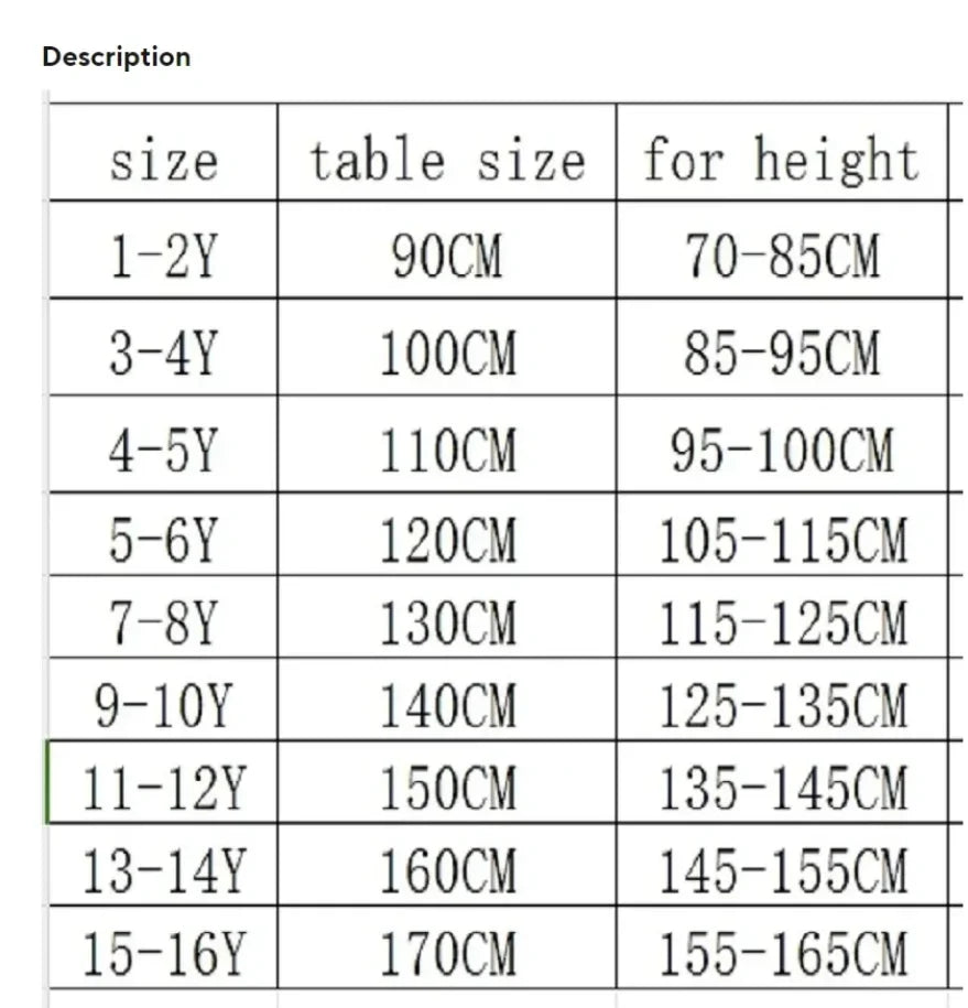 Size chart for Kids Summer Short-sleeve Polo Shirt Bear & Striped Shorts Baby Boy Set showing height and table size in centimeters