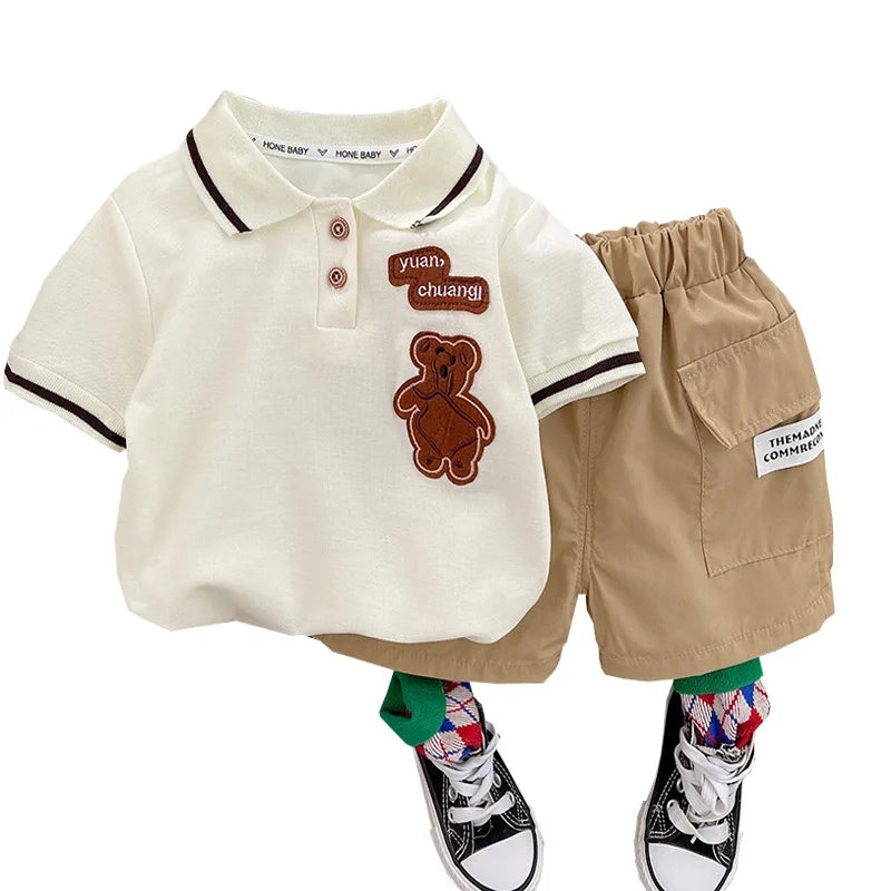 Kids Summer Short-sleeve Polo Shirt Bear & Striped Shorts Baby Boy Set with beige shorts and white polo top