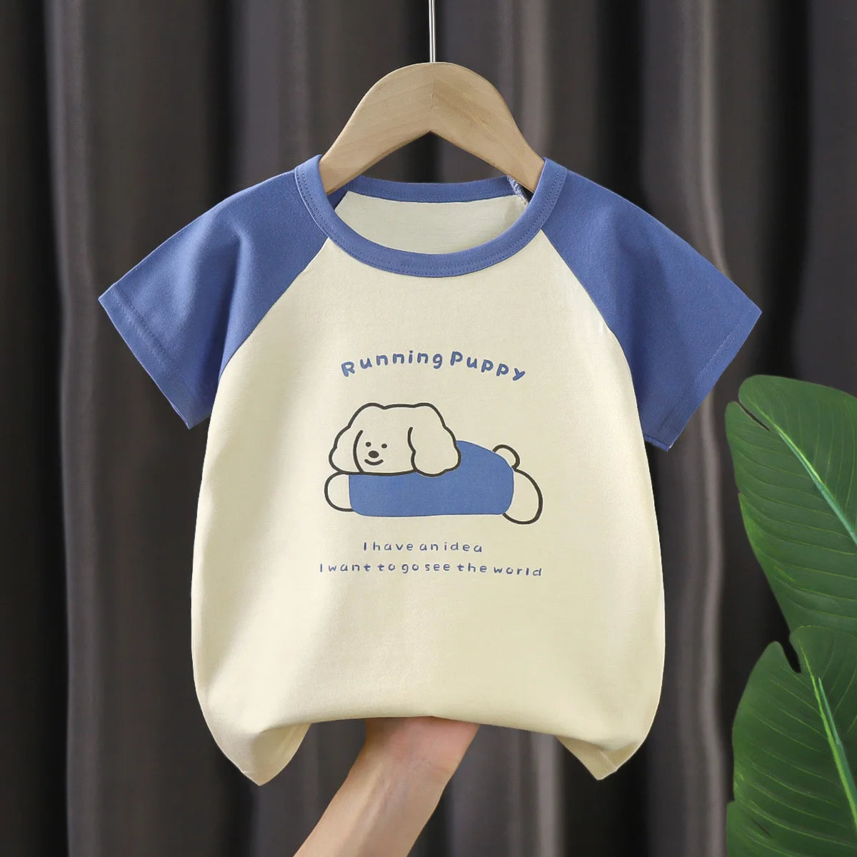 Kids Summer Vest Suit Boys Girls Cotton T-Shirts & Shorts Tank Top Set with blue sleeves and running puppy print