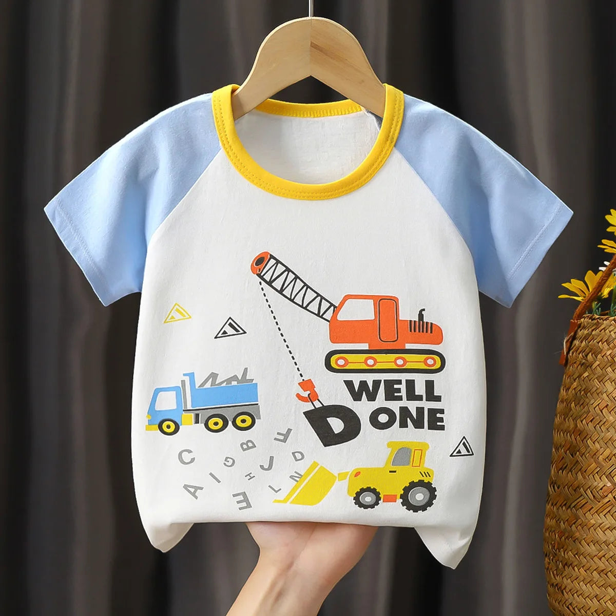 Kids Summer Vest Suit Boys Girls Cotton T-Shirts & Shorts Tank Top Set with colorful construction truck print