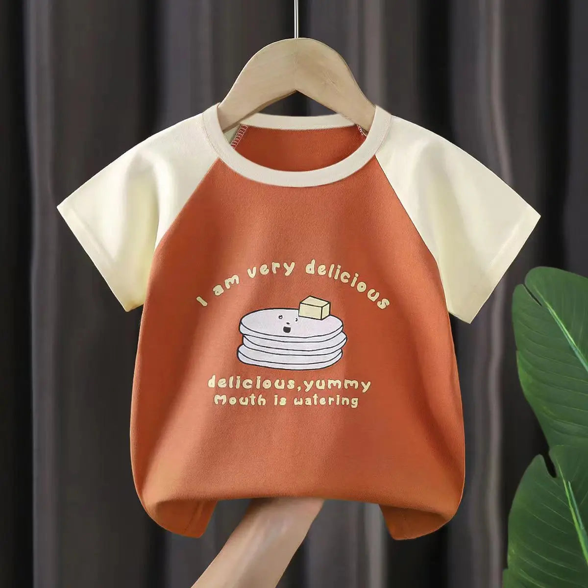 Kids Summer Vest Suit Boys Girls Cotton T-Shirts & Shorts Tank Top Set with brown and cream short sleeve shirt featuring pancake graphic