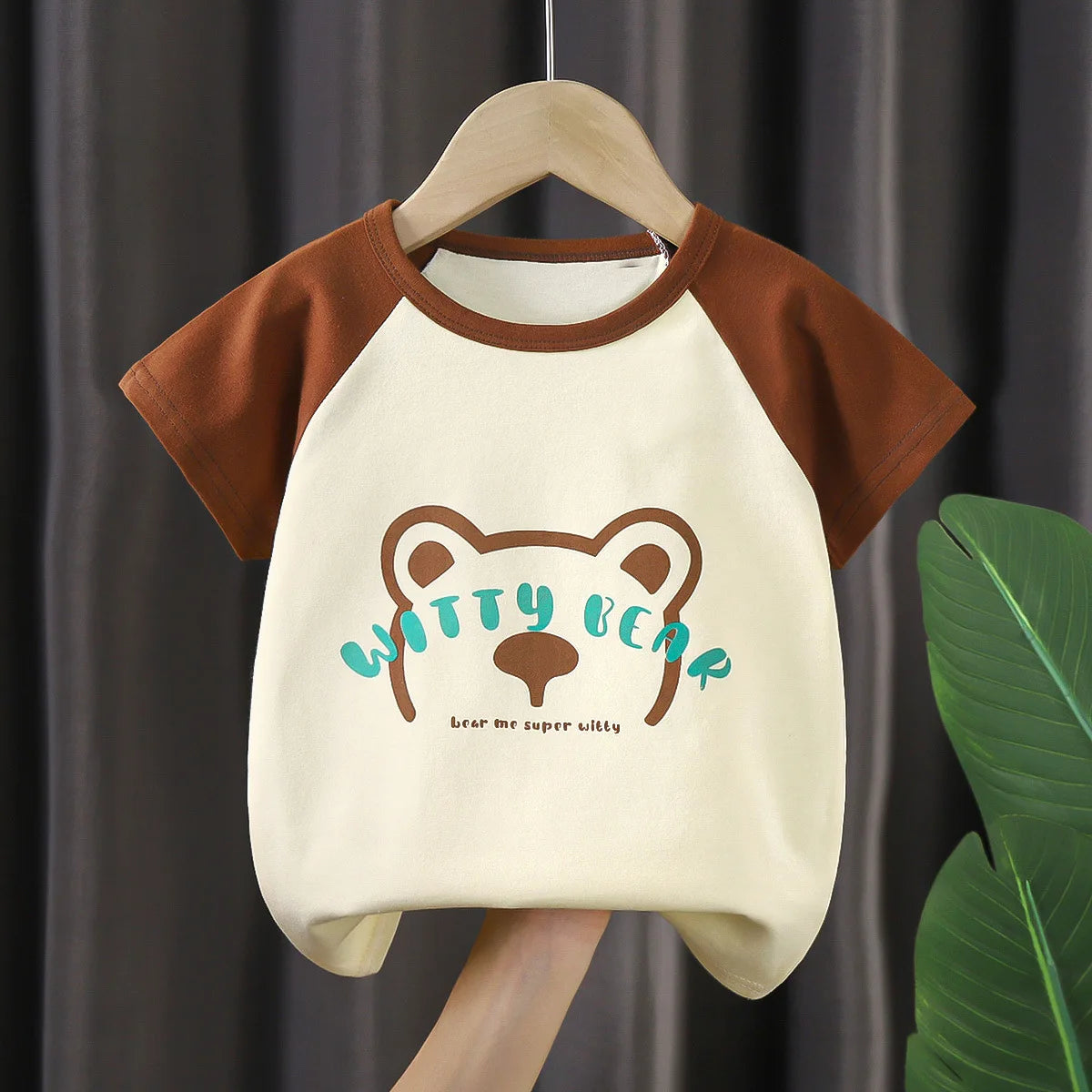 Kids Summer Vest Suit Boys Girls Cotton T-Shirts & Shorts Tank Top Set with brown sleeves and cute bear design