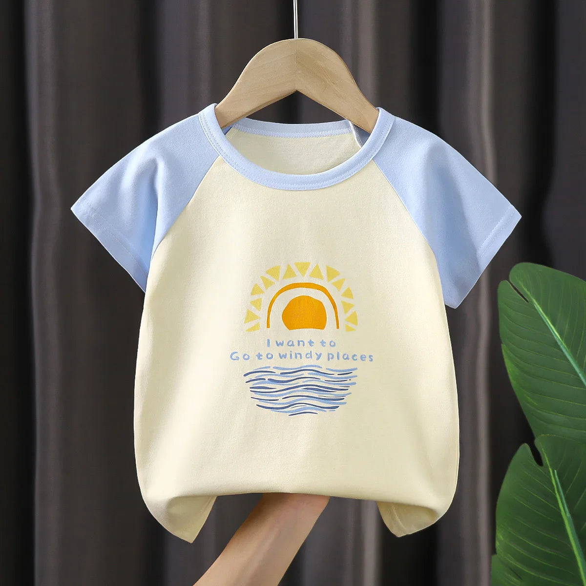 Kids Summer Vest Suit Boys Girls Cotton T-Shirts & Shorts Tank Top Set with sun and wave design in cream and light blue