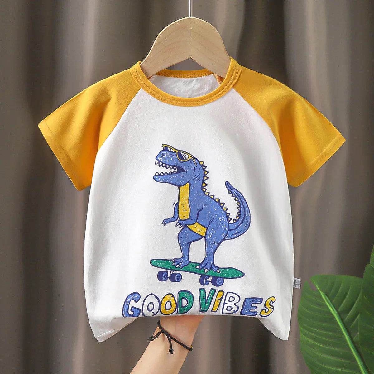 Kids Summer Vest Suit Boys Girls Cotton T-Shirts & Shorts Tank Top Set featuring a white tee with yellow sleeves and a dinosaur graphic