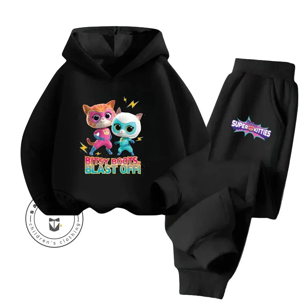 Kids Super Kitties Long Sleeve Sportswear Set Fun and Affordable Outfit with black hoodie and pants