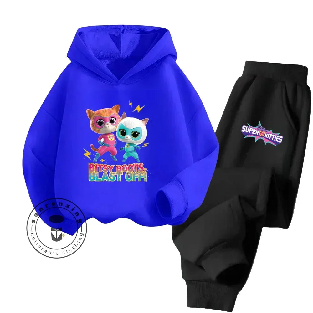 Kids Super Kitties Long Sleeve Sportswear Set Fun and Affordable Outfit with blue hoodie and black pants