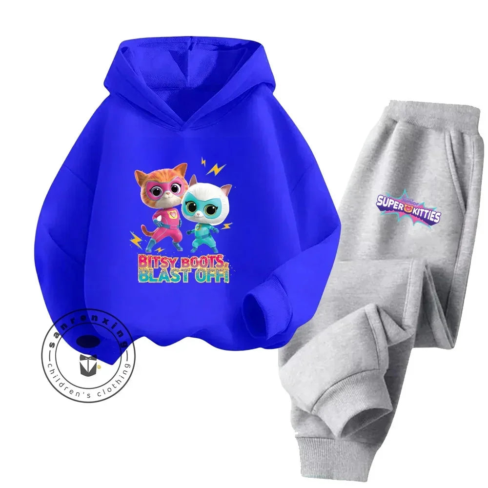 Kids Super Kitties Long Sleeve Sportswear Set Fun and Affordable Outfit blue hoodie with colorful kitties and gray sweatpants