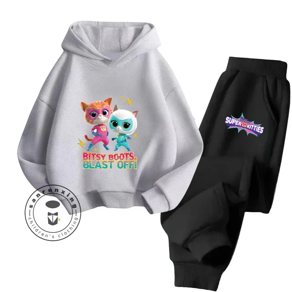Kids Super Kitties Long Sleeve Sportswear Set Fun and Affordable Outfit with grey hoodie and black pants