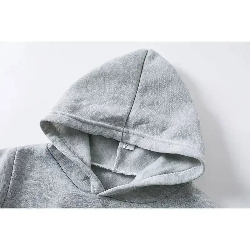 Close-up of grey hooded sweatshirt from Kids Super Kitties Long Sleeve Sportswear Set Fun and Affordable Outfit