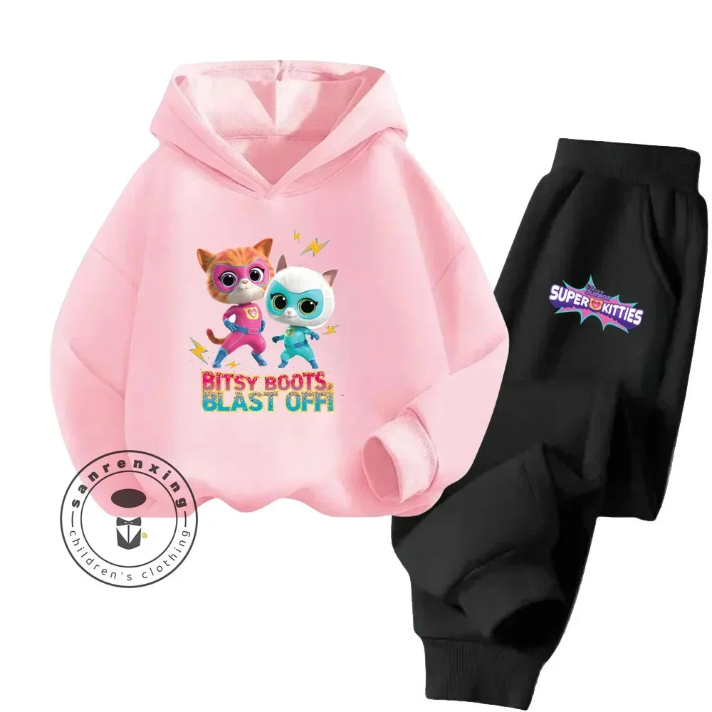 Kids Super Kitties Long Sleeve Sportswear Set Fun and Affordable Outfit with pink hoodie and black pants