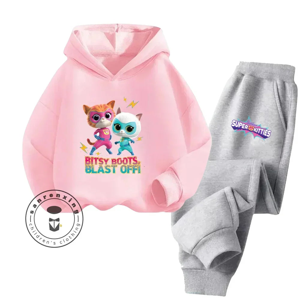 Kids Super Kitties Long Sleeve Sportswear Set Fun and Affordable Outfit with pink hoodie and gray pants