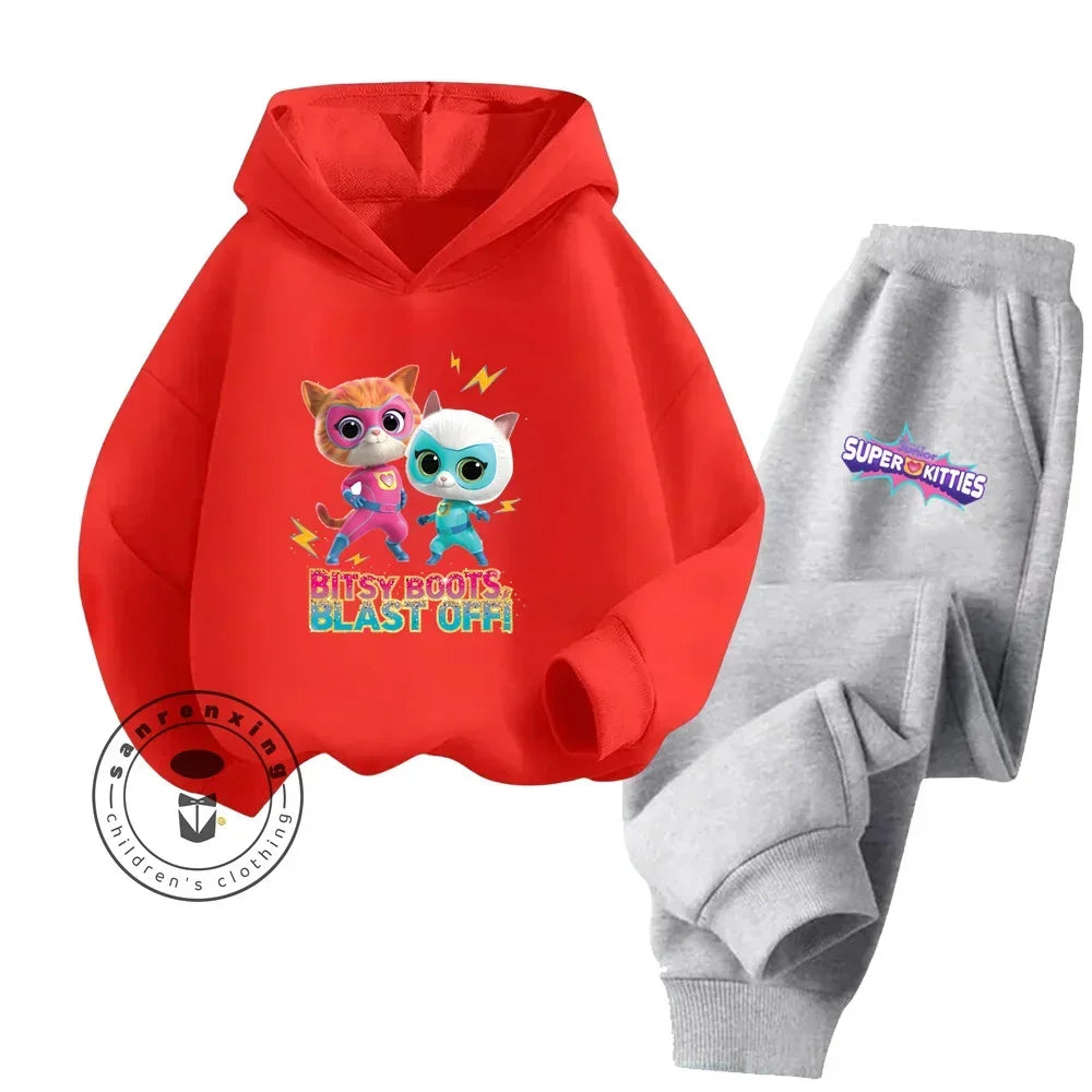 Kids Super Kitties Long Sleeve Sportswear Set Fun and Affordable Outfit with red hoodie and gray sweatpants