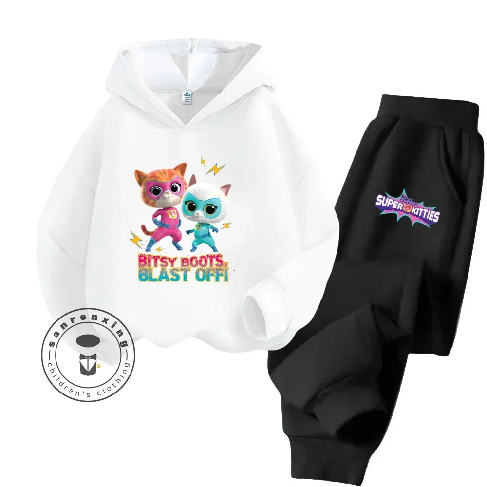 Kids Super Kitties Long Sleeve Sportswear Set Fun and Affordable Outfit with white hoodie and black pants