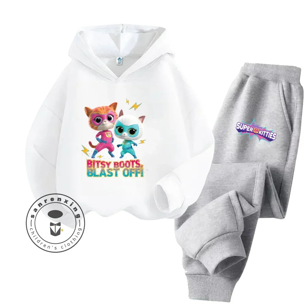 Kids Super Kitties Long Sleeve Sportswear Set Fun and Affordable Outfit with white hoodie and gray pants