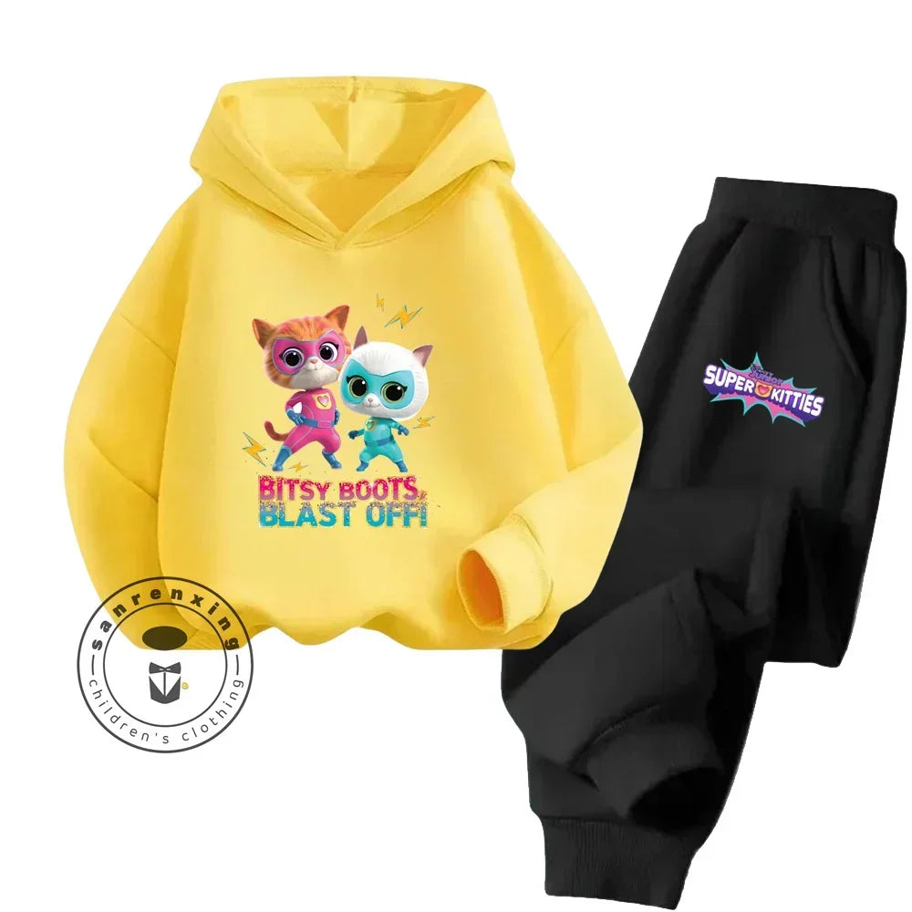 Kids Super Kitties Long Sleeve Sportswear Set Fun and Affordable Outfit yellow hoodie with colorful kitten print and black pants