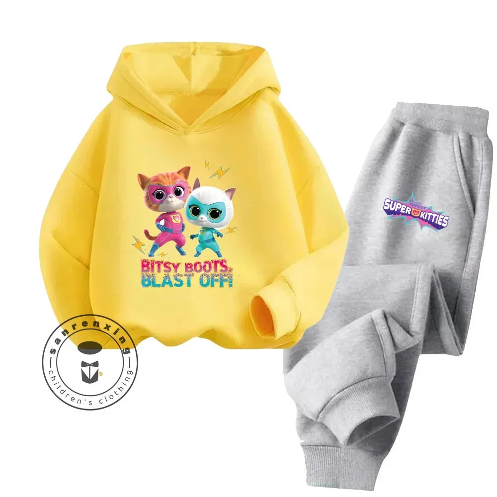 Kids Super Kitties Long Sleeve Sportswear Set Fun and Affordable Outfit with yellow hoodie and gray pants