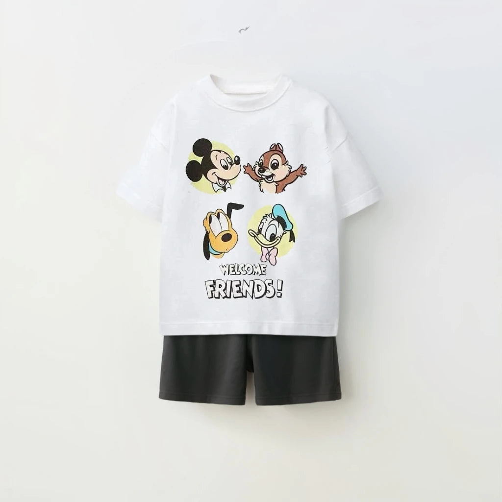 Yamza Tots Closet kids fashion sets casual clothes printed tops solid color shorts two piece with cartoon characters
