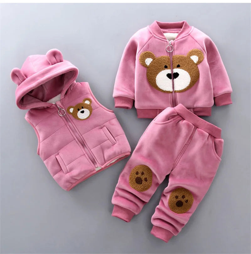 Kids Cartoon Clothing Sets Winter Autumn Boys Girls Cotton Warm Hooded Sweater in pink with bear design 
