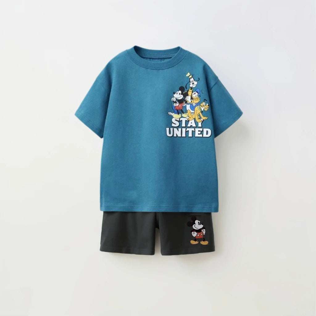 Kids Fashion Sets Casual Clothes Printed Tops Solid Color Shorts Two Piece with cartoon character design