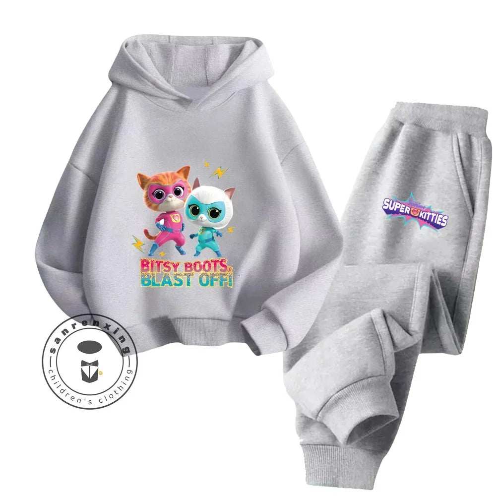 Kids Super Kitties Long Sleeve Sportswear Set Fun and Affordable Outfit gray hoodie and pants with colorful kitty characters