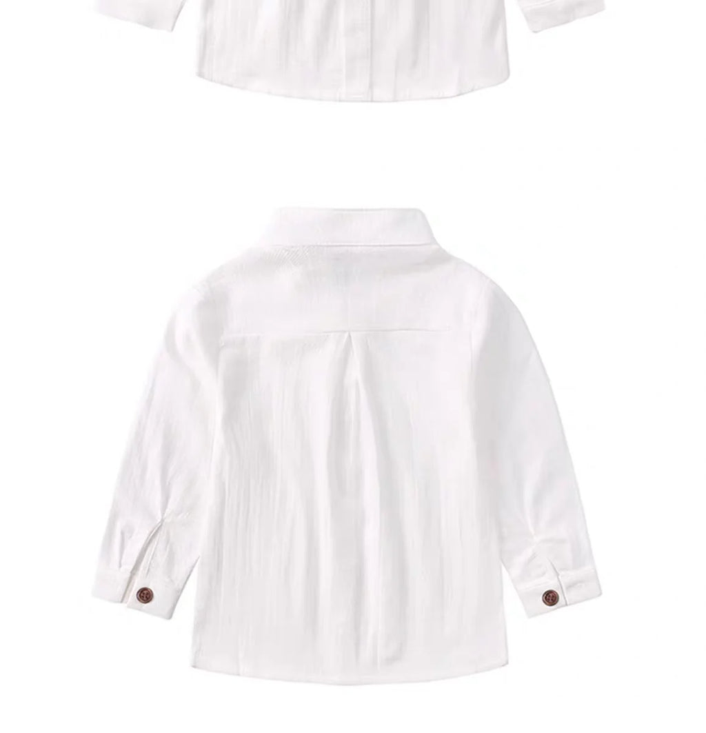 Back view of white long sleeve Boy Outfits Cotton Linen T-shirt with buttoned cuffs from Yamza Tots' Closet