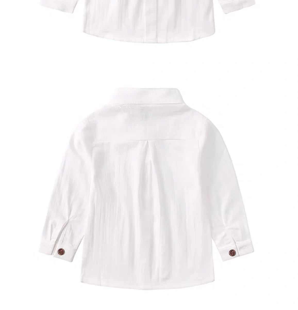 Back view of white long sleeve Boy Outfits Cotton Linen T-shirt with buttoned cuffs from Yamza Tots' Closet