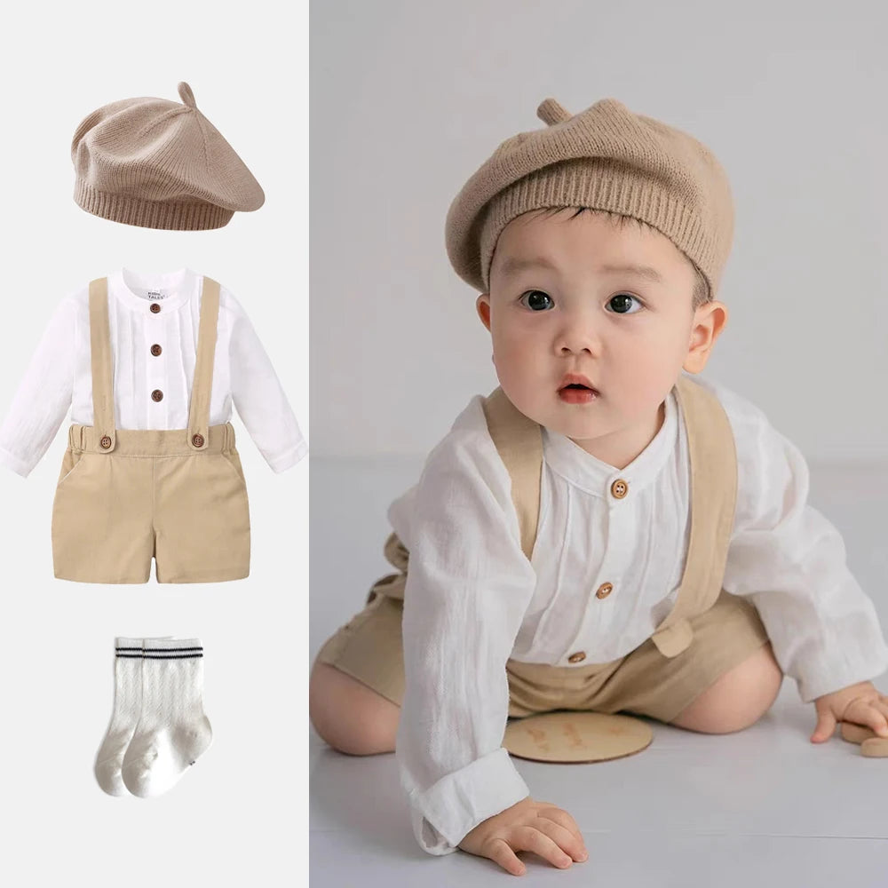 Boy Outfits Cotton Linen T-shirt and Shorts set with beige suspenders and matching hat