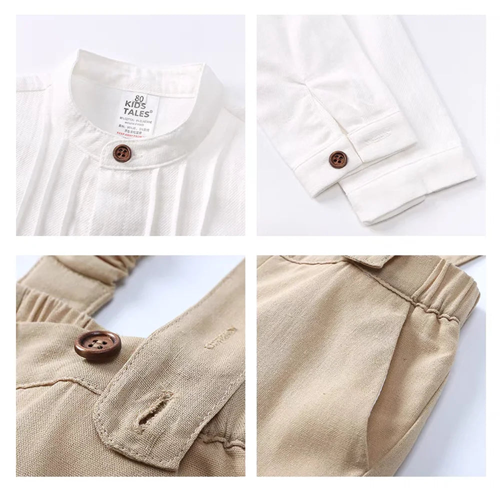 Boy Outfits Cotton Linen T-shirt & Shorts set featuring white linen shirt with buttons and beige elastic waistband shorts