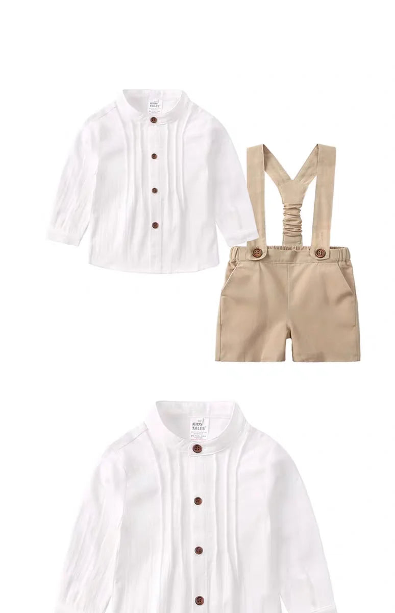 Boy Outfits Cotton Linen T-shirt and Shorts set with white button-up shirt and beige suspender shorts