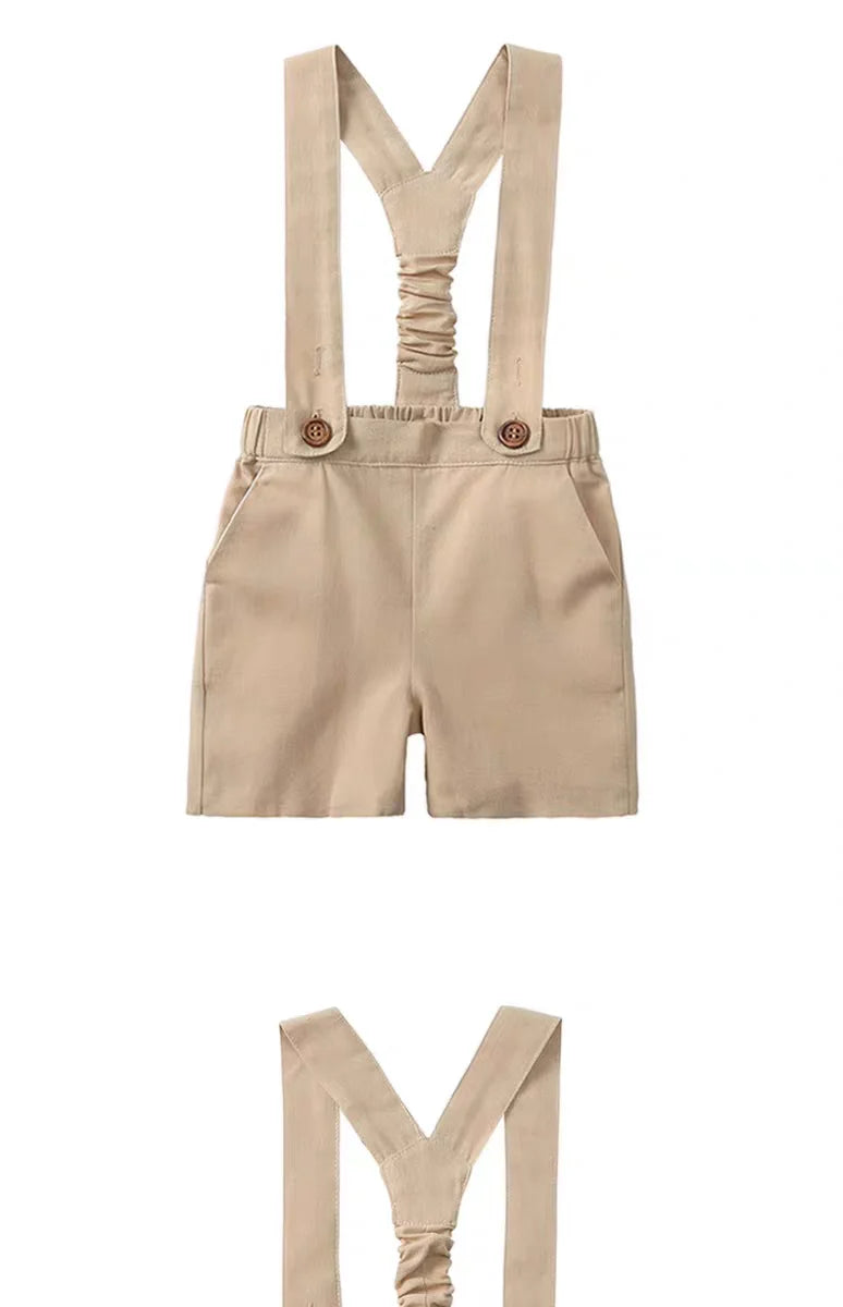 Beige cotton linen shorts with adjustable suspenders for boy outfits cotton linen t-shirt and shorts set