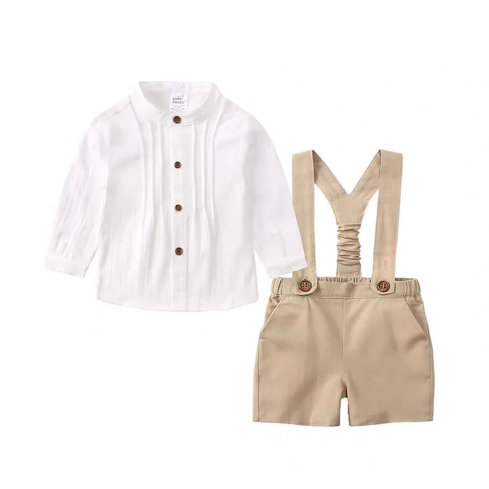 Boy Outfits Cotton Linen T-shirt and Shorts set with white button-up shirt and beige suspender shorts1